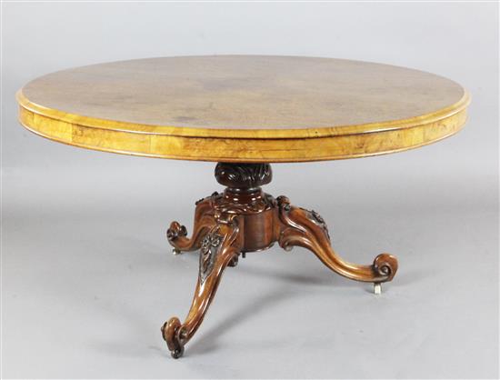 A Victorian burr walnut breakfast table, Diam. 4ft 6in. H.2ft 4in.